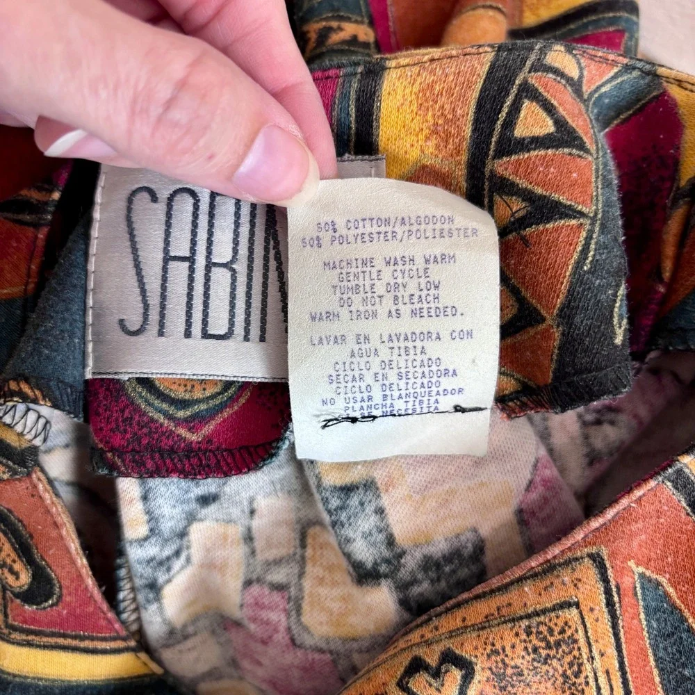 Sabino Vintage 80s‎ Midi Dress Abstract Print Belted Long Sleeve Size 6 Bohemian - Picture 16 of 16